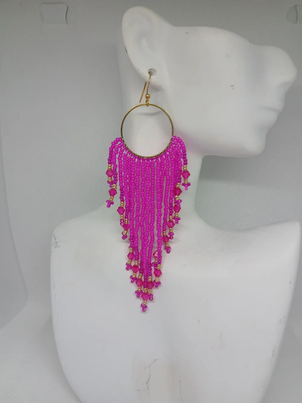 Gold Hoop Earrings with Hot Pink Beaded Fringe